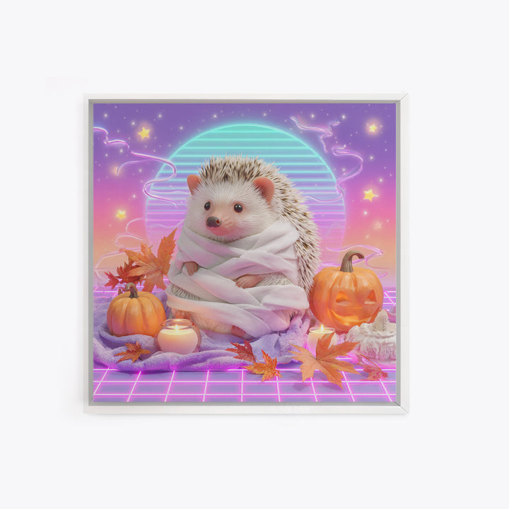 The Hedgehog Mummy, Retro Neon Halloween Art, Square Wall Art, Framed Canvas Print, Retro Halloween Decor, Neon Wall Art