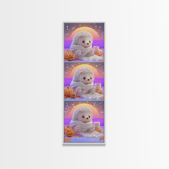 The Hedgehog Mummy, 80s Halloween Wall Art, Tall Narrow Wall Art, Framed Canvas Print, Retro Halloween Decor, Neon Wall Art