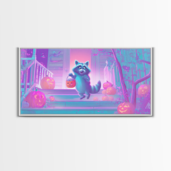The Raccoon Trick-Or-Treater, Cute Spooky Neon Art, Wide Panoramic Art, Canvas Print, Retro Halloween Decor, Neon Wall Art