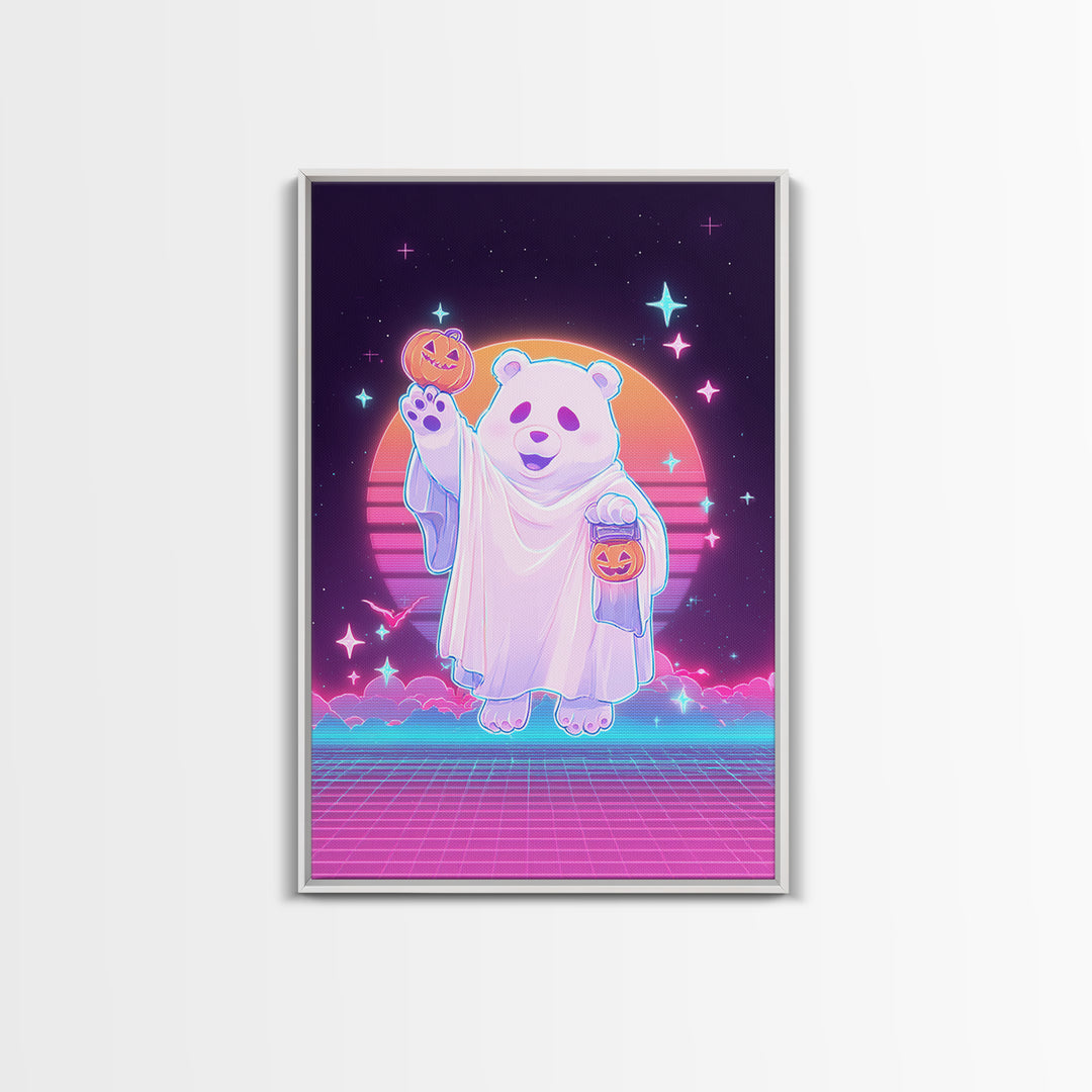 The Bear Cub Ghost, Vaporwave Halloween Decor, Vertical Wall Art, Framed Canvas Print, Retro Halloween Decor, Neon Wall Art, Horror Wall Art