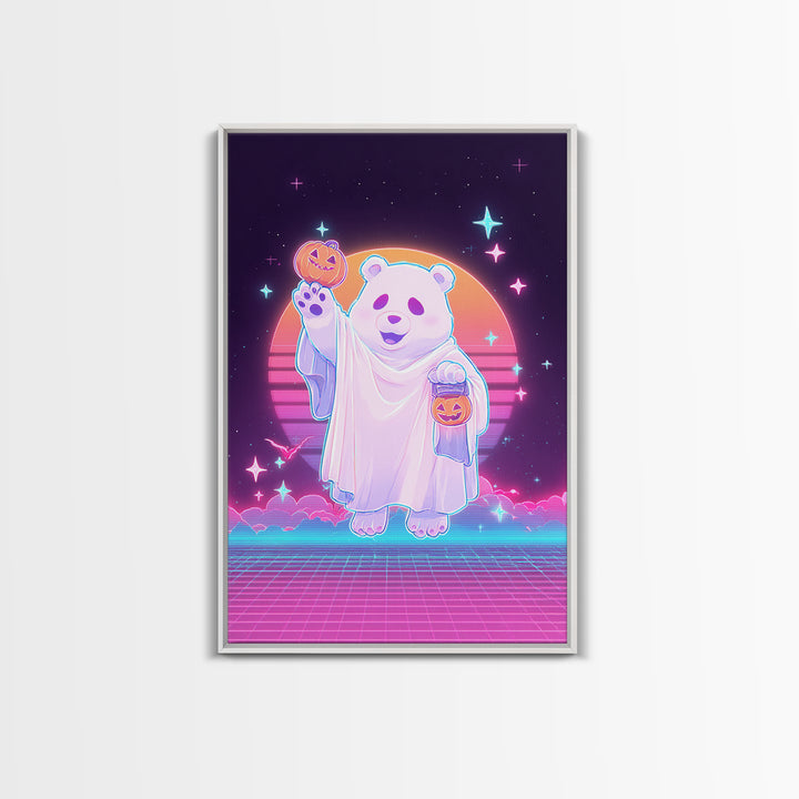 The Bear Cub Ghost, Vaporwave Halloween Decor, Vertical Wall Art, Framed Canvas Print, Retro Halloween Decor, Neon Wall Art, Horror Wall Art