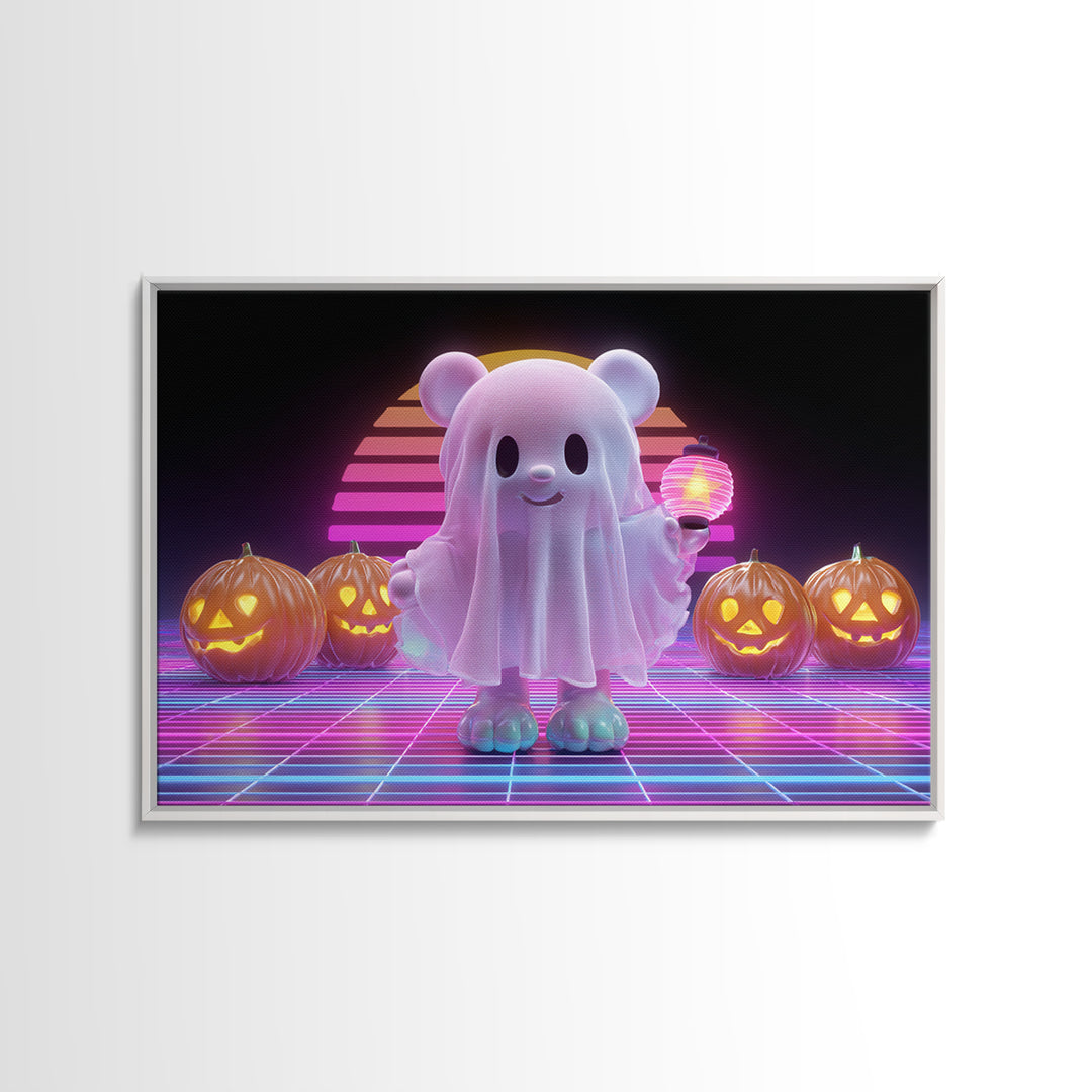 The Bear Cub Ghost, 80s Halloween Wall Art, Landscape Wall Art, Framed Canvas Print, Retro Halloween Decor, Neon Wall Art