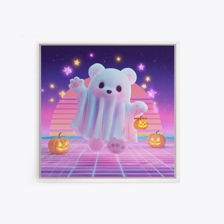 The Bear Cub Ghost, 80s Halloween Wall Art, Square Wall Art, Framed Canvas Print, Retro Halloween Decor, Neon Wall Art