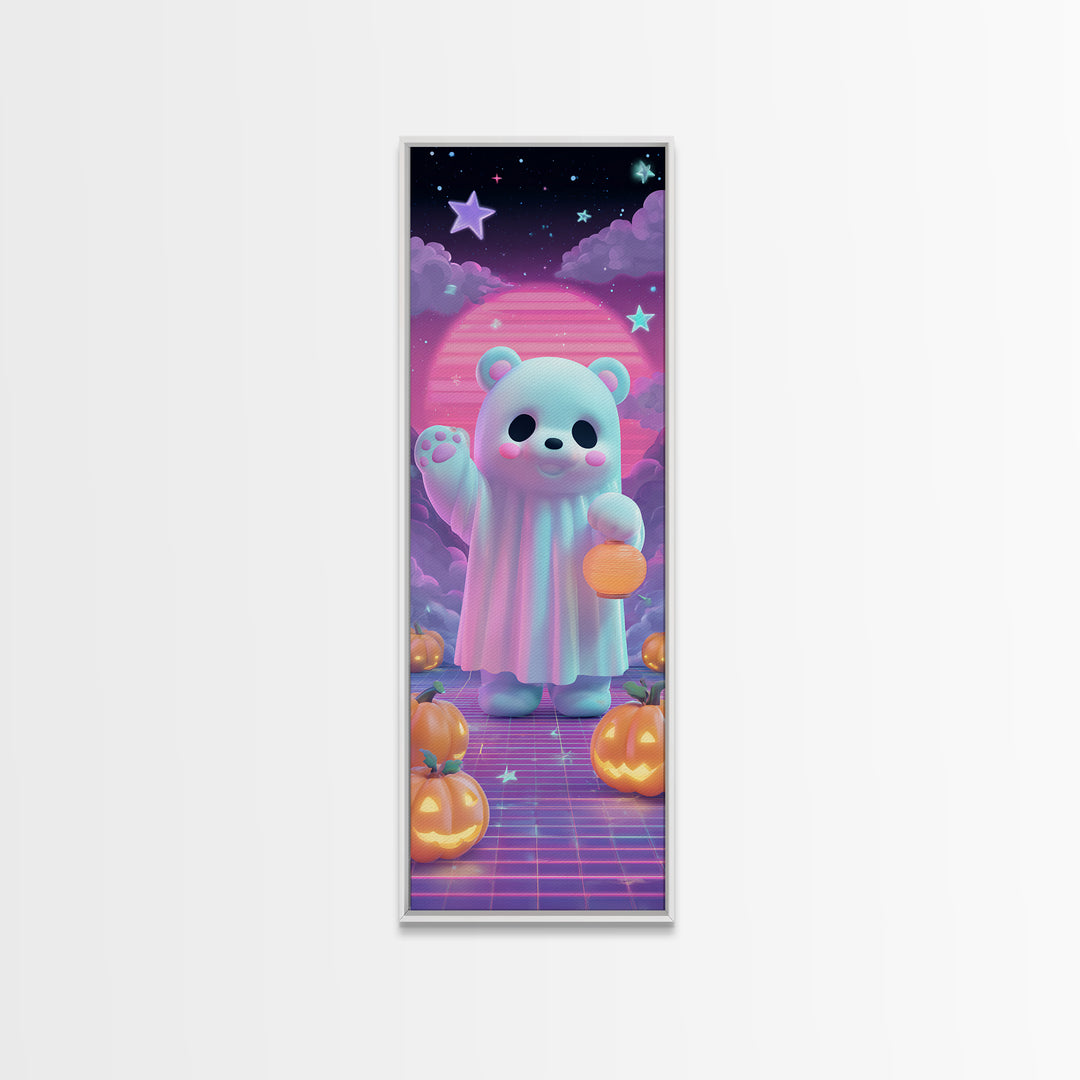 The Bear Cub Ghost, 80s Halloween Wall Art, Tall Narrow Wall Art, Canvas Print, Retro Halloween Decor, Neon Wall Art, Seasonal Home Decor