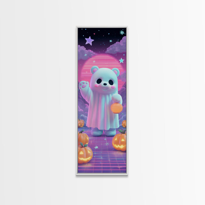 The Bear Cub Ghost, 80s Halloween Wall Art, Tall Narrow Wall Art, Canvas Print, Retro Halloween Decor, Neon Wall Art, Seasonal Home Decor