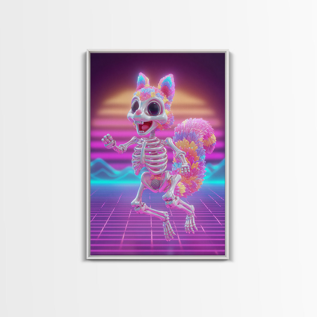 The Squirrel Skeleton, Vaporwave Halloween Decor, Vertical Wall Art, Canvas Print, Retro Halloween Decor, Neon Wall Art