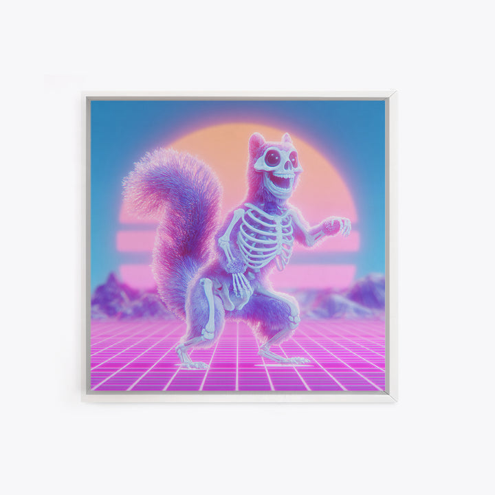 The Squirrel Skeleton, Cute Spooky Neon Art, Square Wall Art, Canvas Print, Retro Halloween Decor, Neon Wall Art, Spooky Wall Decor
