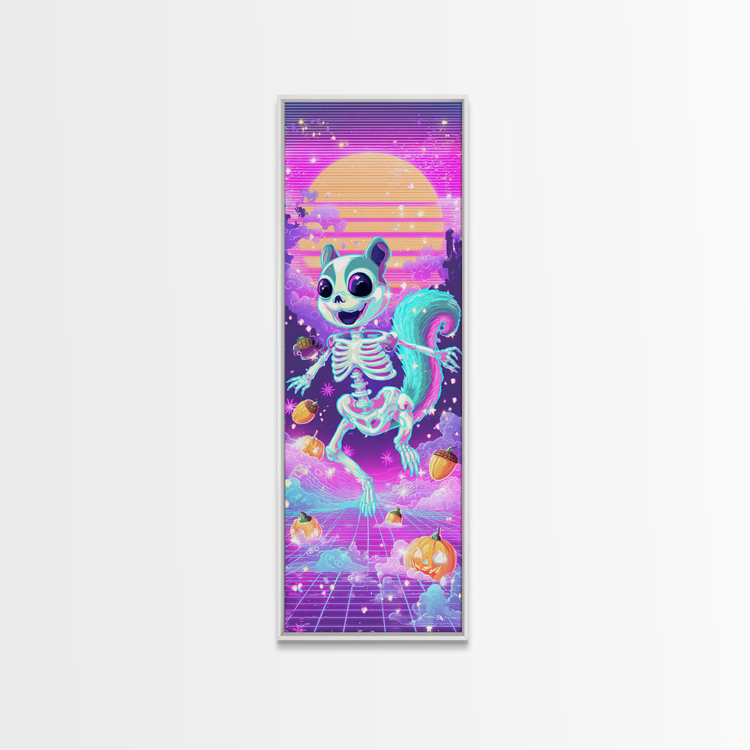 The Squirrel Skeleton, Synthwave Halloween Art, Tall Narrow Wall Art, Framed Canvas Print, Retro Halloween Decor, Neon Wall Art