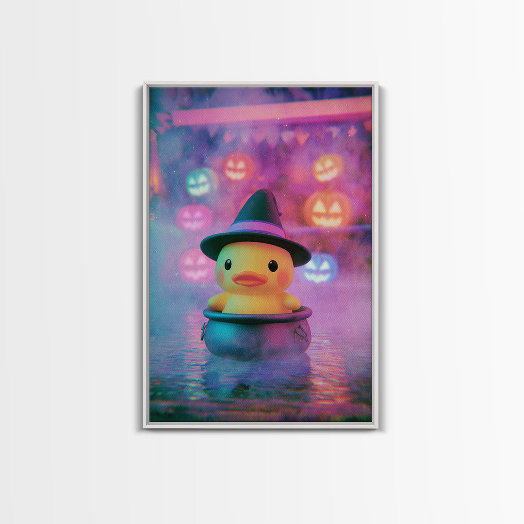 The Duckling Witch, Cute Spooky Neon Art, Vertical Wall Art, Canvas Print, Retro Halloween Decor, Neon Wall Art, Gothic Home Decor