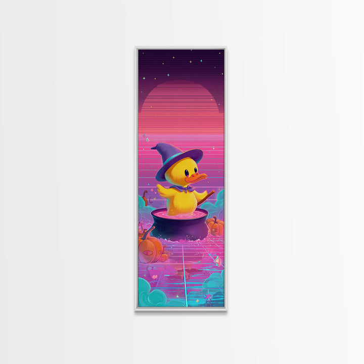 The Duckling Witch, Synthwave Halloween Art, Tall Narrow Wall Art, Canvas Print, Retro Halloween Decor, Neon Wall Art, Halloween Wall Art