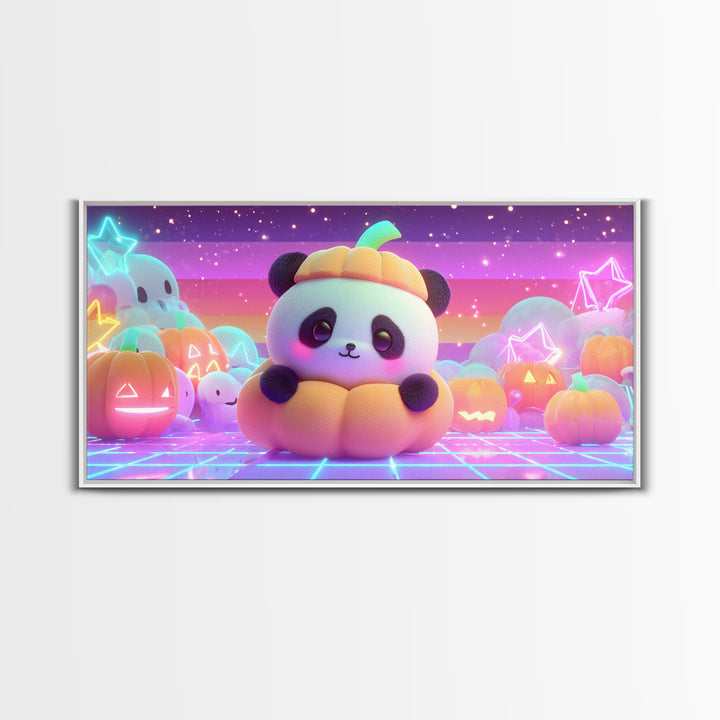 The Panda Pumpkin, 80s Halloween Wall Art, Wide Panoramic Art, Framed Canvas Print, Retro Halloween Decor, Neon Wall Art, Dark Fantasy Art