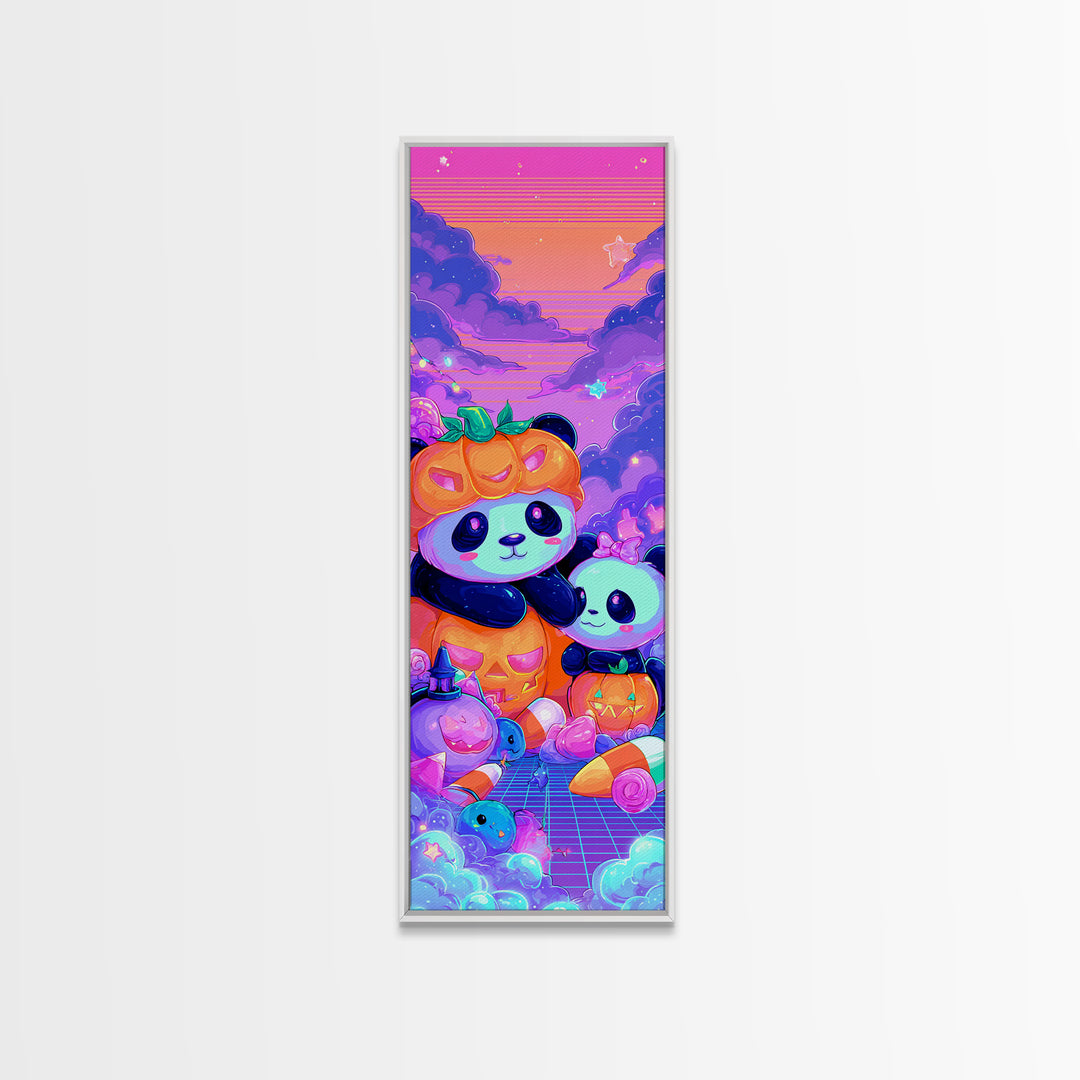 The Panda Pumpkin, 80s Halloween Wall Art, Tall Narrow Wall Art, Framed Canvas Print, Retro Halloween Decor, Neon Wall Art