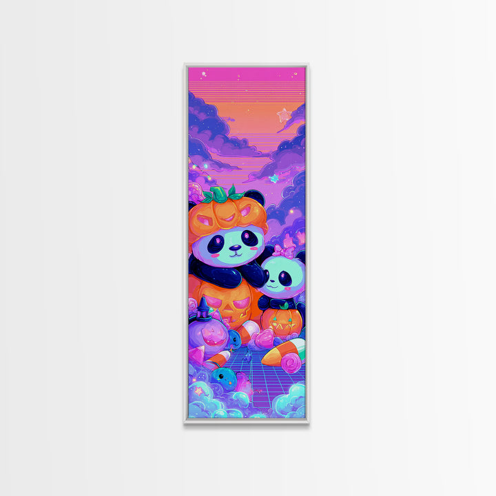 The Panda Pumpkin, 80s Halloween Wall Art, Tall Narrow Wall Art, Framed Canvas Print, Retro Halloween Decor, Neon Wall Art