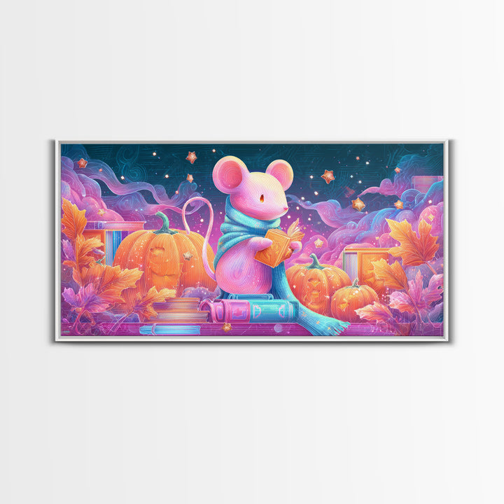 The Magician Mouse, 80s Halloween Wall Art, Wide Panoramic Art, Canvas Print, Retro Halloween Decor, Neon Wall Art, Dark Fantasy Art