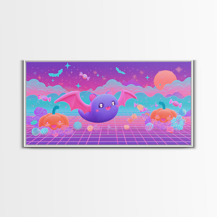 The Bat-Winged Otter, 80s Halloween Wall Art, Wide Panoramic Art, Framed Canvas Print, Retro Halloween Decor, Neon Wall Art