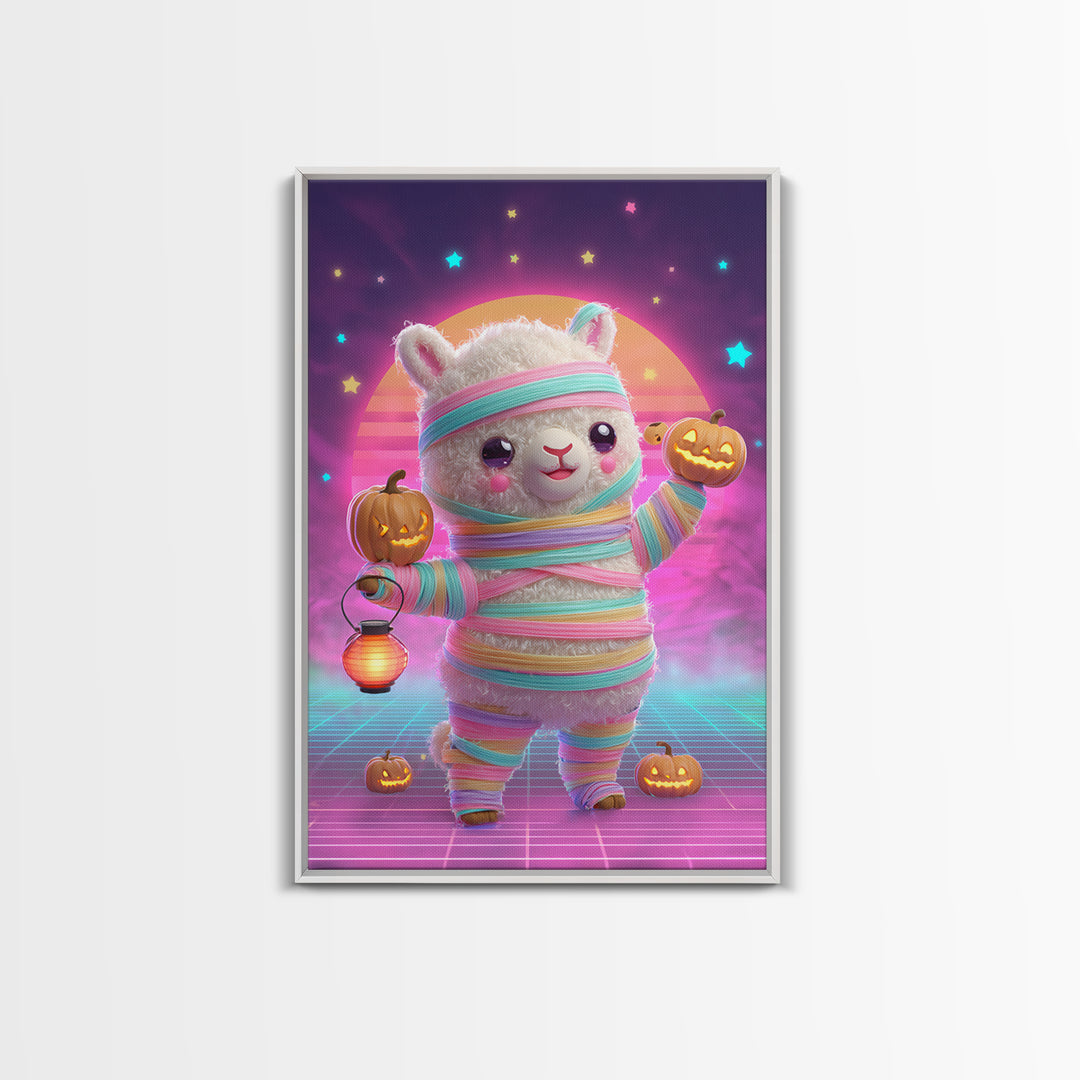 The Llama Mummy, Cute Spooky Neon Art, Vertical Wall Art, Framed Canvas Print, Retro Halloween Decor, Neon Wall Art, Macabre Wall Art