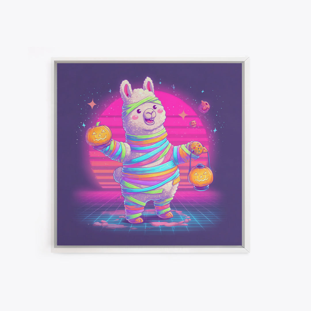 The Llama Mummy, Synthwave Halloween Art, Square Wall Art, Framed Canvas Print, Retro Halloween Decor, Neon Wall Art, Collectible Wall Decor