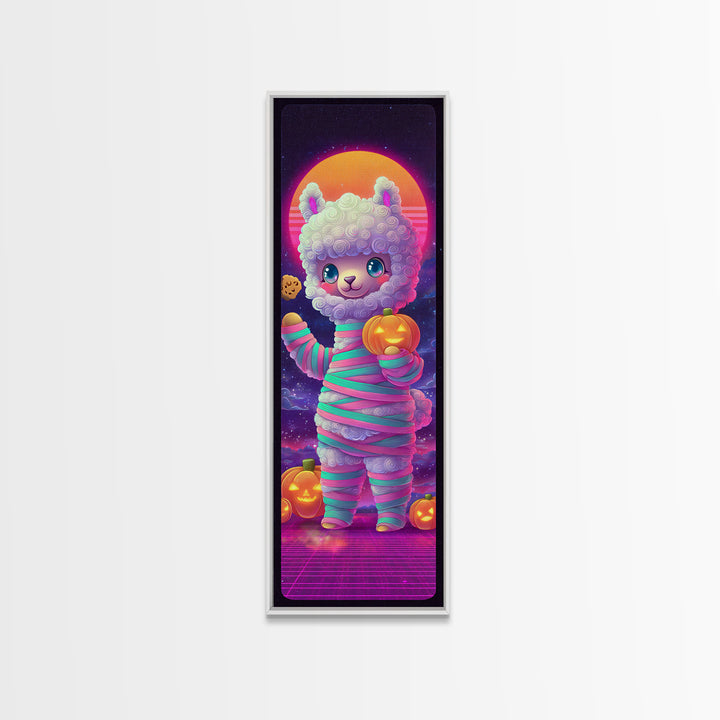 The Llama Mummy, Cute Spooky Neon Art, Tall Narrow Wall Art, Framed Canvas Print, Retro Halloween Decor, Neon Wall Art, Dark Fantasy Art