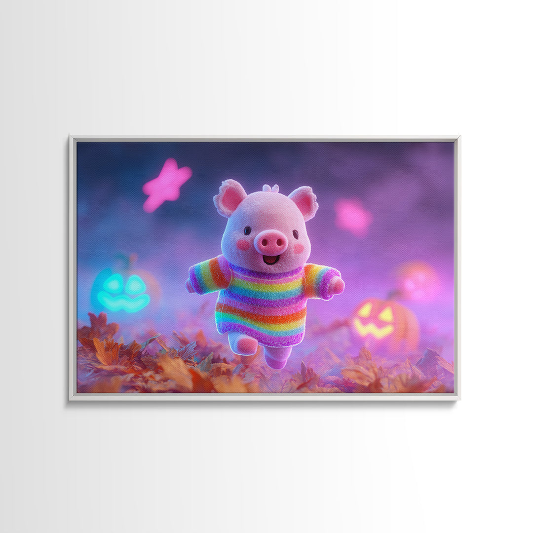 The Candy Corn Piglet, Cute Spooky Neon Art, Landscape Wall Art, Framed Canvas Print, Retro Halloween Decor, Neon Wall Art