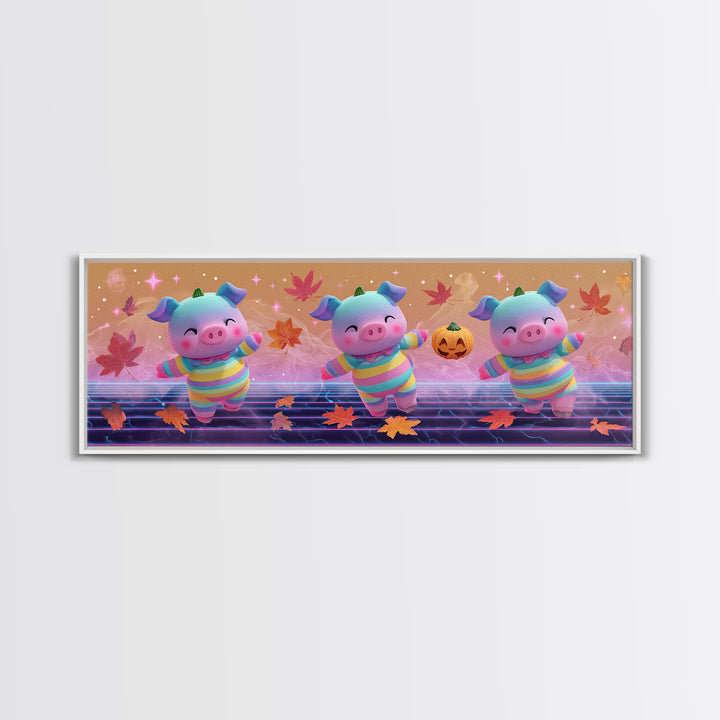 The Candy Corn Piglet, Synthwave Halloween Art, Extra Wide Wall Art, Framed Canvas Print, Retro Halloween Decor, Neon Wall Art