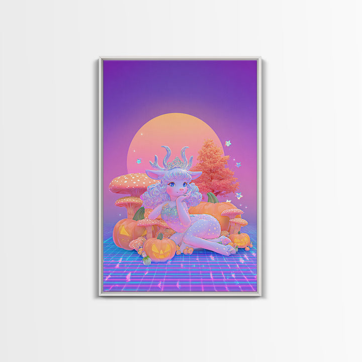 The Moon Princess Deer, Synthwave Halloween Art, Vertical Wall Art, Framed Canvas Print, Retro Halloween Decor, Neon Wall Art