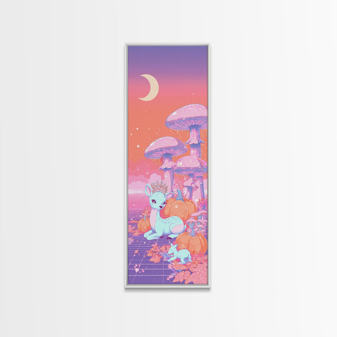 The Moon Princess Deer, Cute Spooky Neon Art, Tall Narrow Wall Art, Canvas Print, Retro Halloween Decor, Neon Wall Art, Spooky Wall Decor