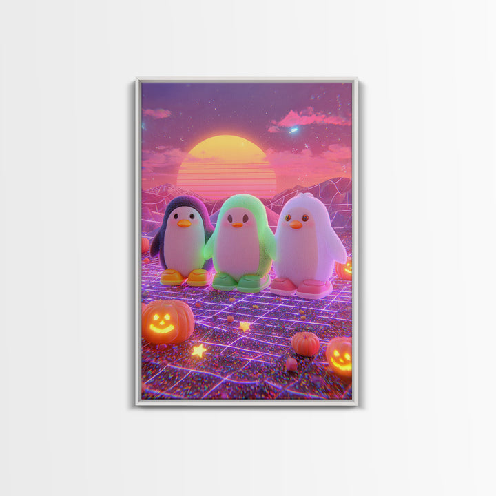 The Penguin Monster, Cute Spooky Neon Art, Vertical Wall Art, Framed Canvas Print, Retro Halloween Decor, Neon Wall Art, Gothic Home Decor