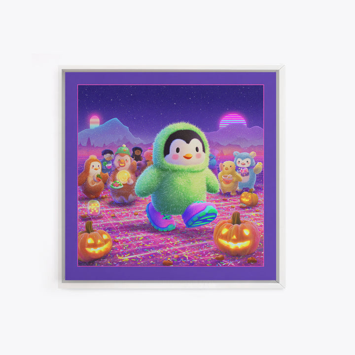 The Penguin Monster, Vaporwave Halloween Decor, Square Wall Art, Canvas Print, Retro Halloween Decor, Neon Wall Art, Gothic Home Decor