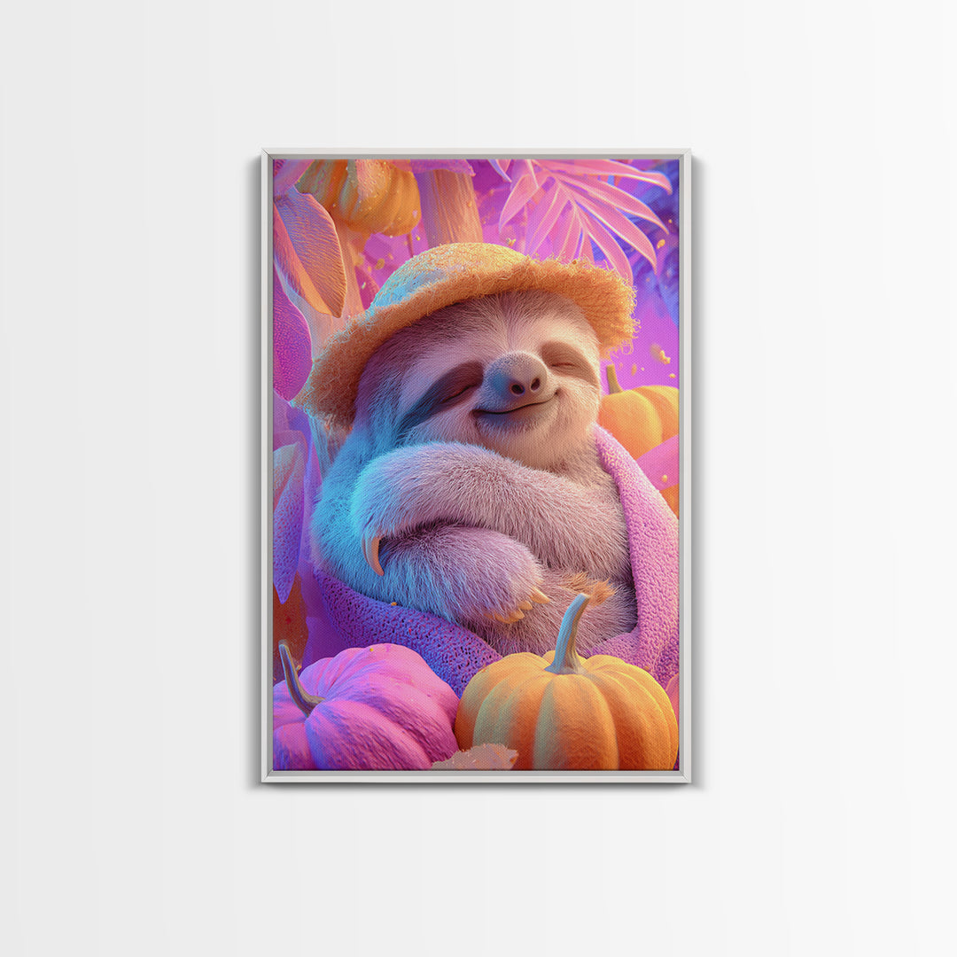 The Scarecrow Sloth, 80s Halloween Wall Art, Vertical Wall Art, Canvas Print, Retro Halloween Decor, Neon Wall Art, Gothic Home Decor