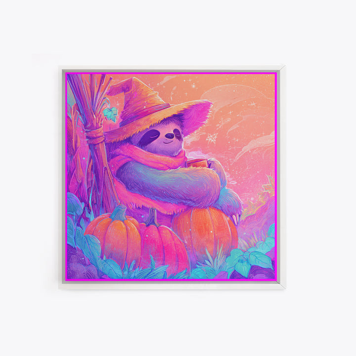 The Scarecrow Sloth, Cute Spooky Neon Art, Square Wall Art, Framed Canvas Print, Retro Halloween Decor, Neon Wall Art, Spooky Wall Decor
