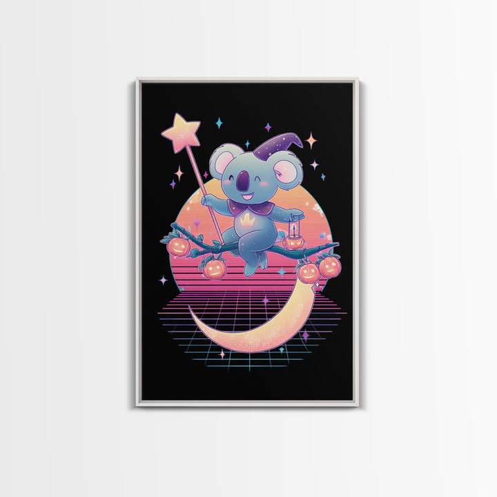 The Koala Wizard, Retro Neon Halloween Art, Vertical Wall Art, Canvas Print, Retro Halloween Decor, Neon Wall Art, Statement Wall Art