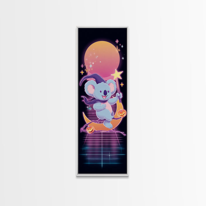 The Koala Wizard, Synthwave Halloween Art, Tall Narrow Wall Art, Canvas Print, Retro Halloween Decor, Neon Wall Art, Spooky Wall Decor