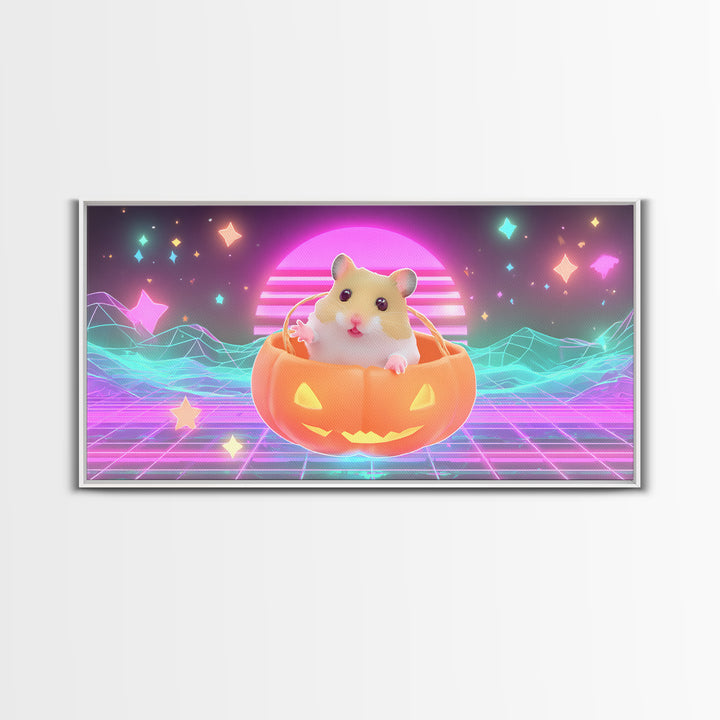 The Pumpkin Hamster, Retro Neon Halloween Art, Wide Panoramic Art, Framed Canvas Print, Retro Halloween Decor, Neon Wall Art