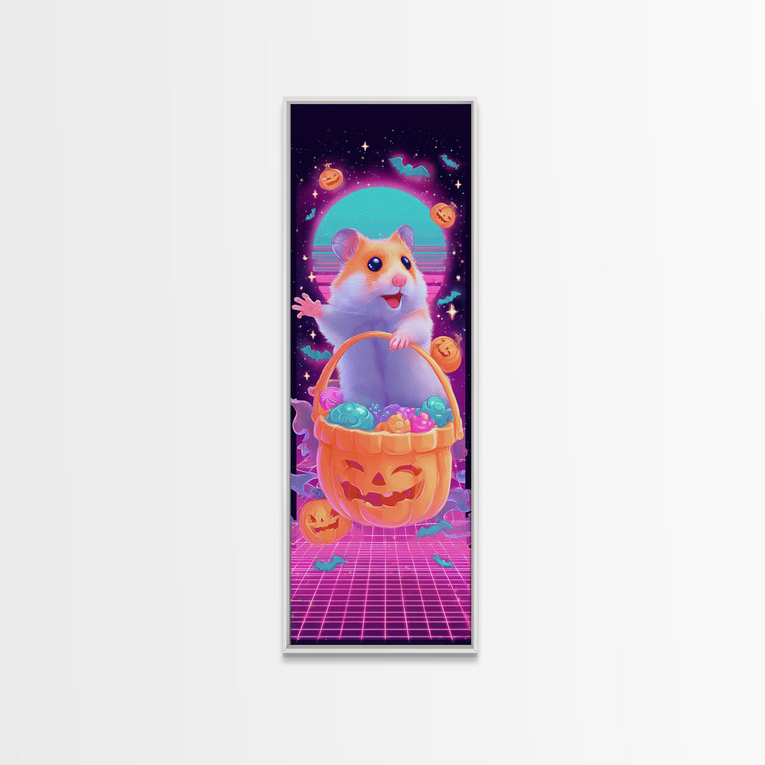 The Pumpkin Hamster, Synthwave Halloween Art, Tall Narrow Wall Art, Framed Canvas Print, Retro Halloween Decor, Neon Wall Art