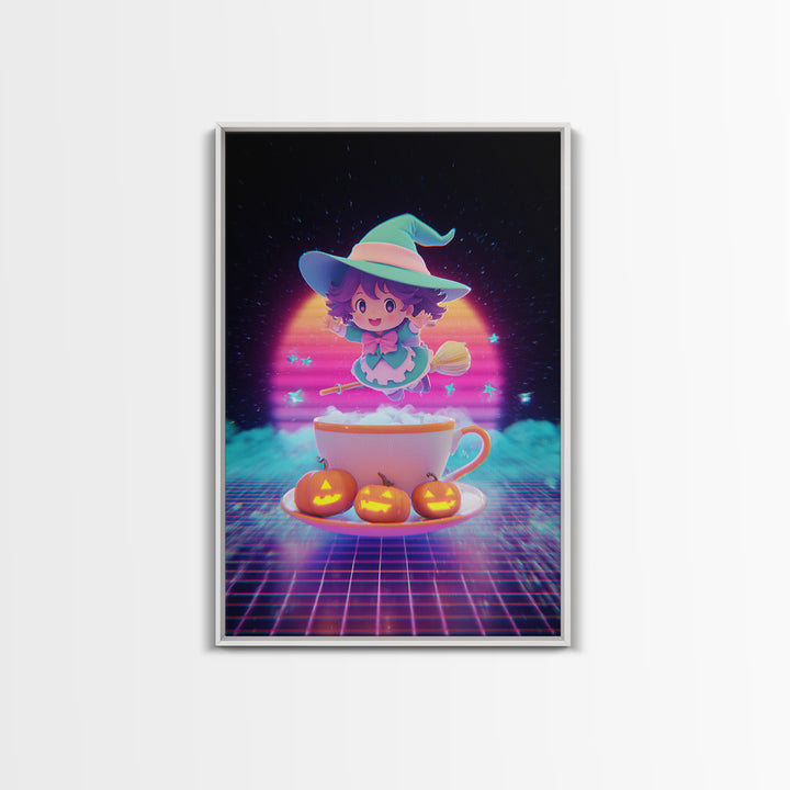 The Teacup Witch, Cute Spooky Neon Art, Vertical Wall Art, Framed Canvas Print, Retro Halloween Decor, Neon Wall Art, Seasonal Home Decor
