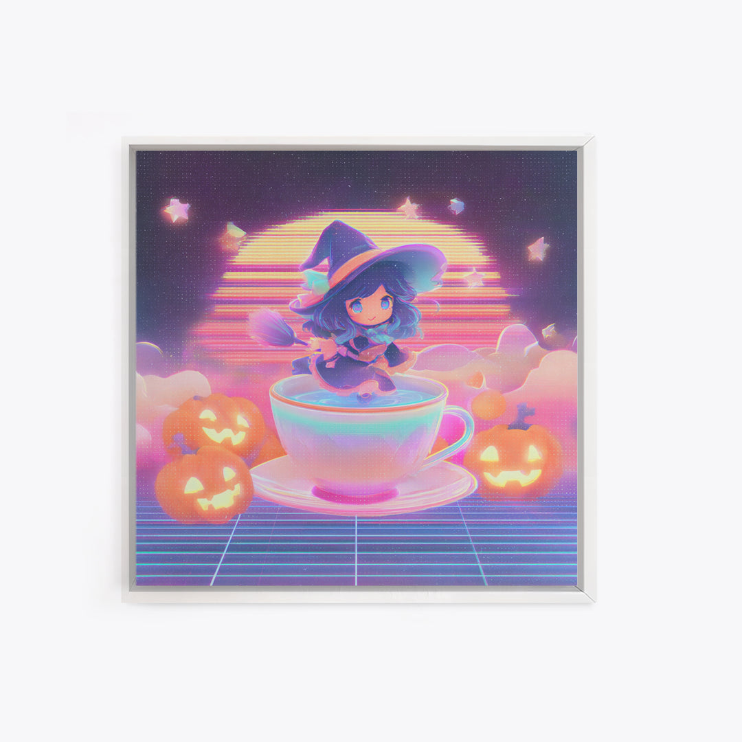 The Teacup Witch, Retro Neon Halloween Art, Square Wall Art, Framed Canvas Print, Retro Halloween Decor, Neon Wall Art