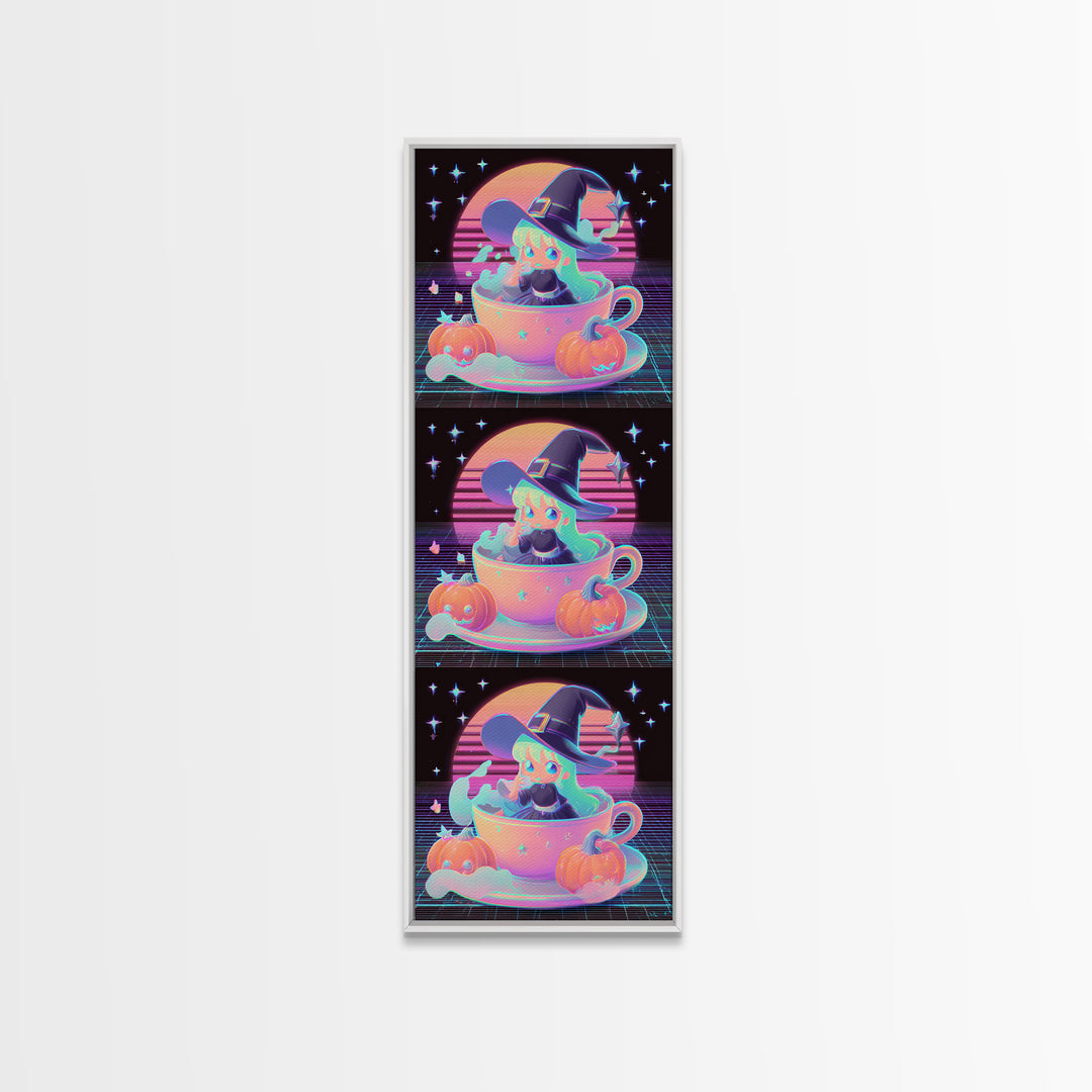 The Teacup Witch, Retro Neon Halloween Art, Tall Narrow Wall Art, Framed Canvas Print, Retro Halloween Decor, Neon Wall Art