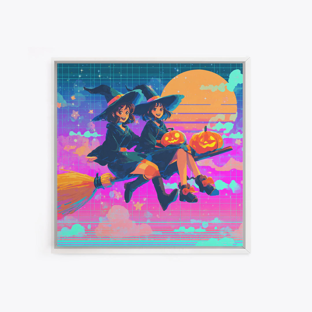 The Twin Broomstick Witches, Vaporwave Halloween Decor, Square Wall Art, Canvas Print, Retro Halloween Decor, Neon Wall Art