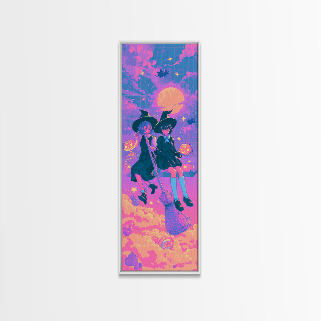 The Twin Broomstick Witches, Cute Spooky Neon Art, Tall Narrow Wall Art, Canvas Print, Retro Halloween Decor, Neon Wall Art