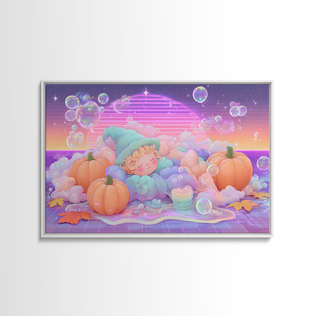 The Bubble Potion Apprentice, Synthwave Halloween Art, Landscape Wall Art, Canvas Print, Retro Halloween Decor, Neon Wall Art