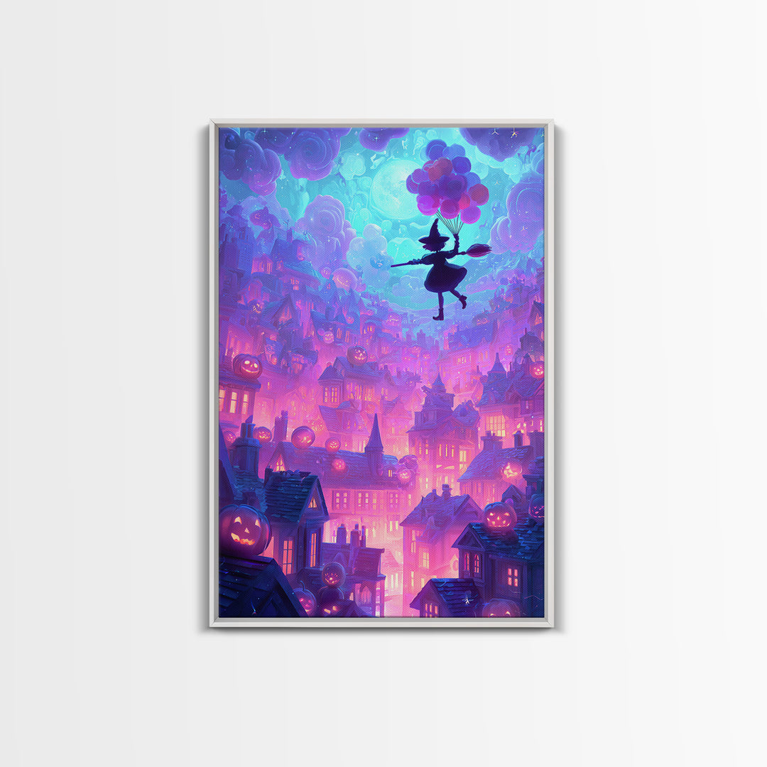 The Witch With A Balloon Broom, Cute Spooky Neon Art, Vertical Wall Art, Framed Canvas Print, Retro Halloween Decor, Neon Wall Art