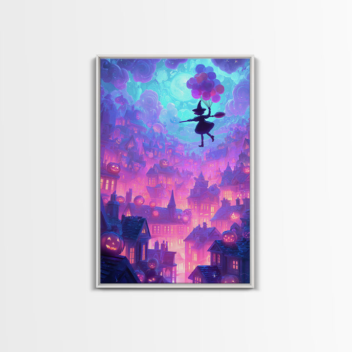 The Witch With A Balloon Broom, Cute Spooky Neon Art, Vertical Wall Art, Framed Canvas Print, Retro Halloween Decor, Neon Wall Art