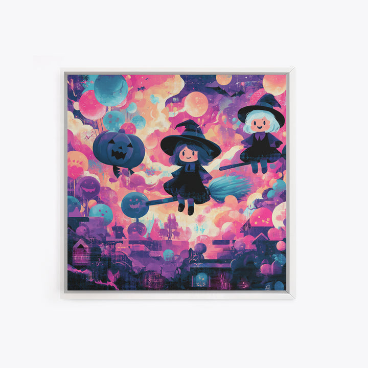 The Witch With A Balloon Broom, Synthwave Halloween Art, Square Wall Art, Canvas Print, Retro Halloween Decor, Neon Wall Art