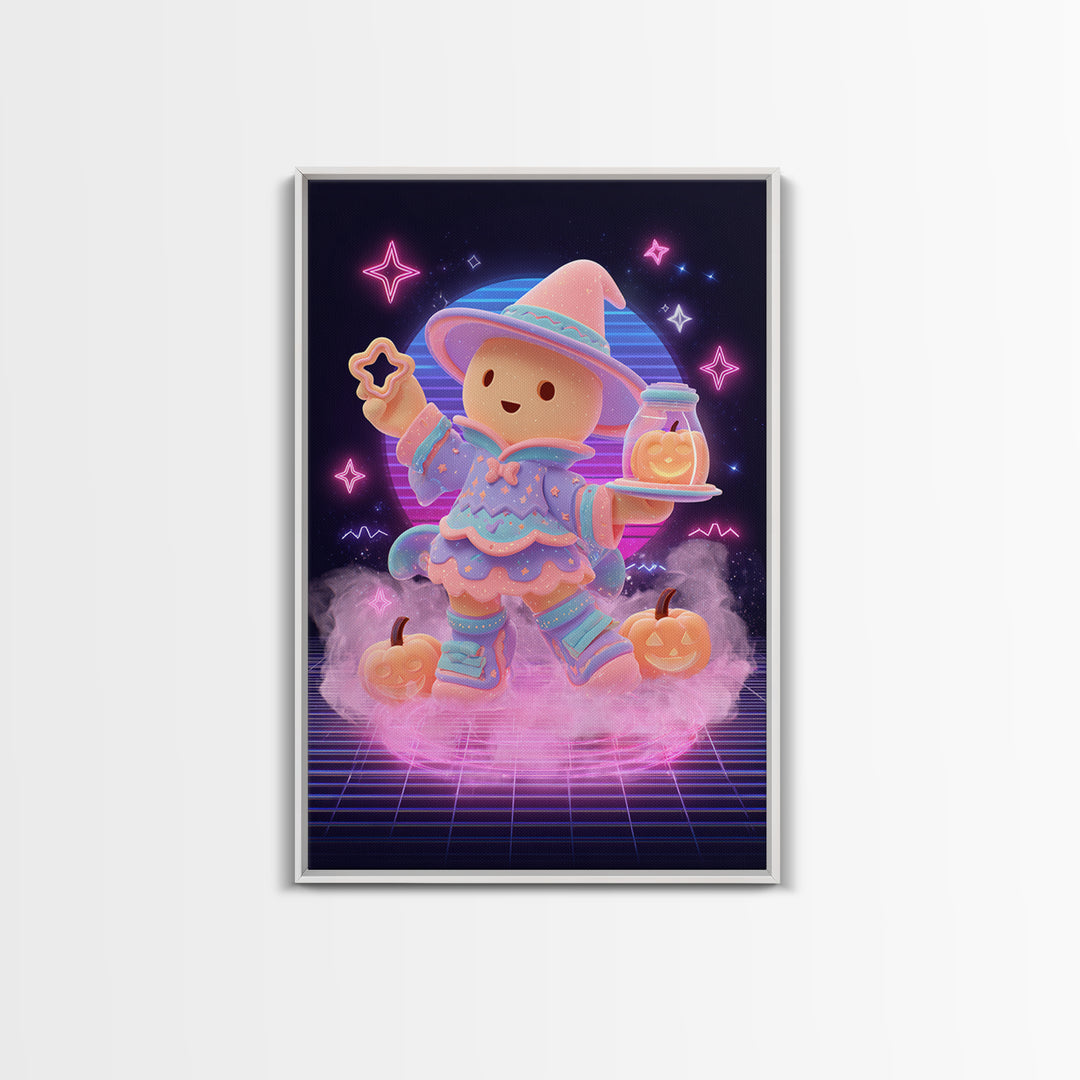 The Cookie Spellcaster, Cute Spooky Neon Art, Vertical Wall Art, Canvas Print, Retro Halloween Decor, Neon Wall Art, Collectible Wall Decor