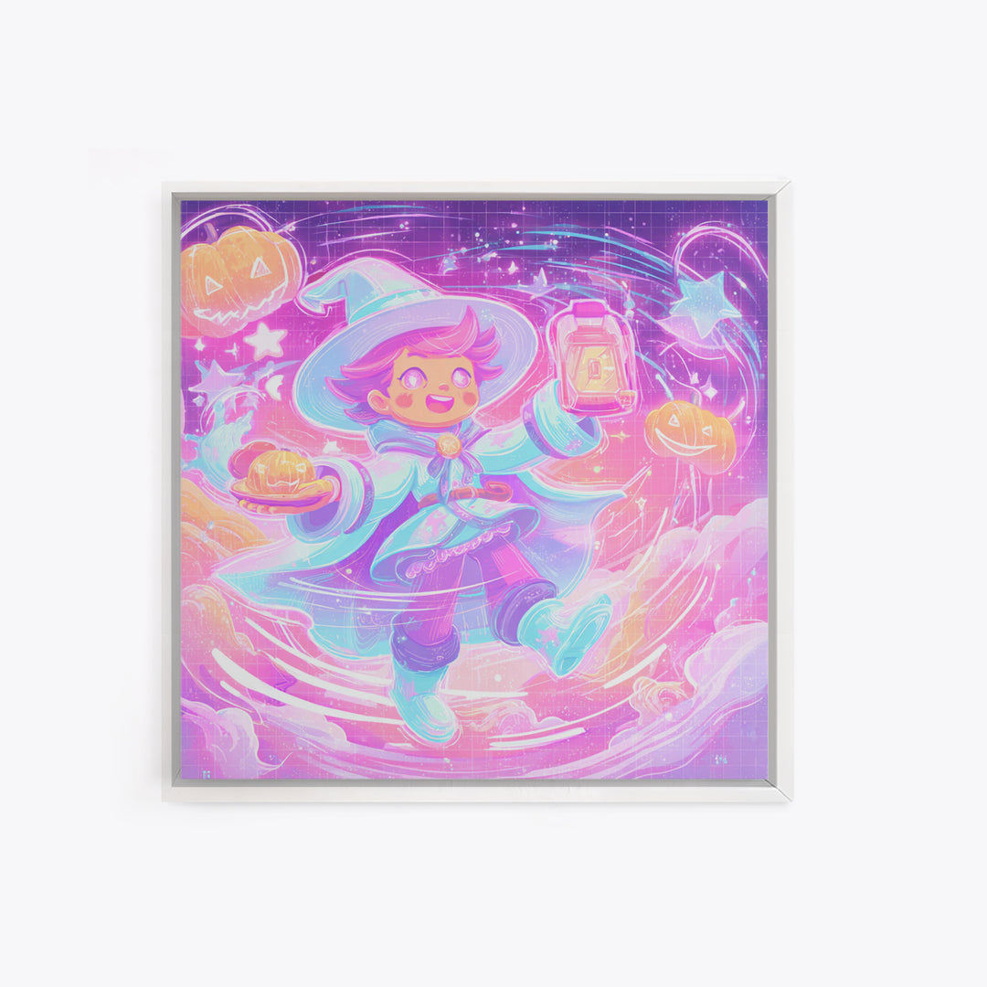 The Cookie Spellcaster, Cute Spooky Neon Art, Square Wall Art, Canvas Print, Retro Halloween Decor, Neon Wall Art, Collectible Wall Decor