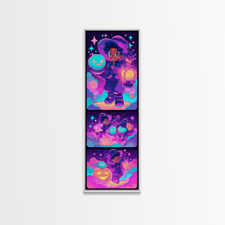 The Cookie Spellcaster, 80s Halloween Wall Art, Tall Narrow Wall Art, Framed Canvas Print, Retro Halloween Decor, Neon Wall Art