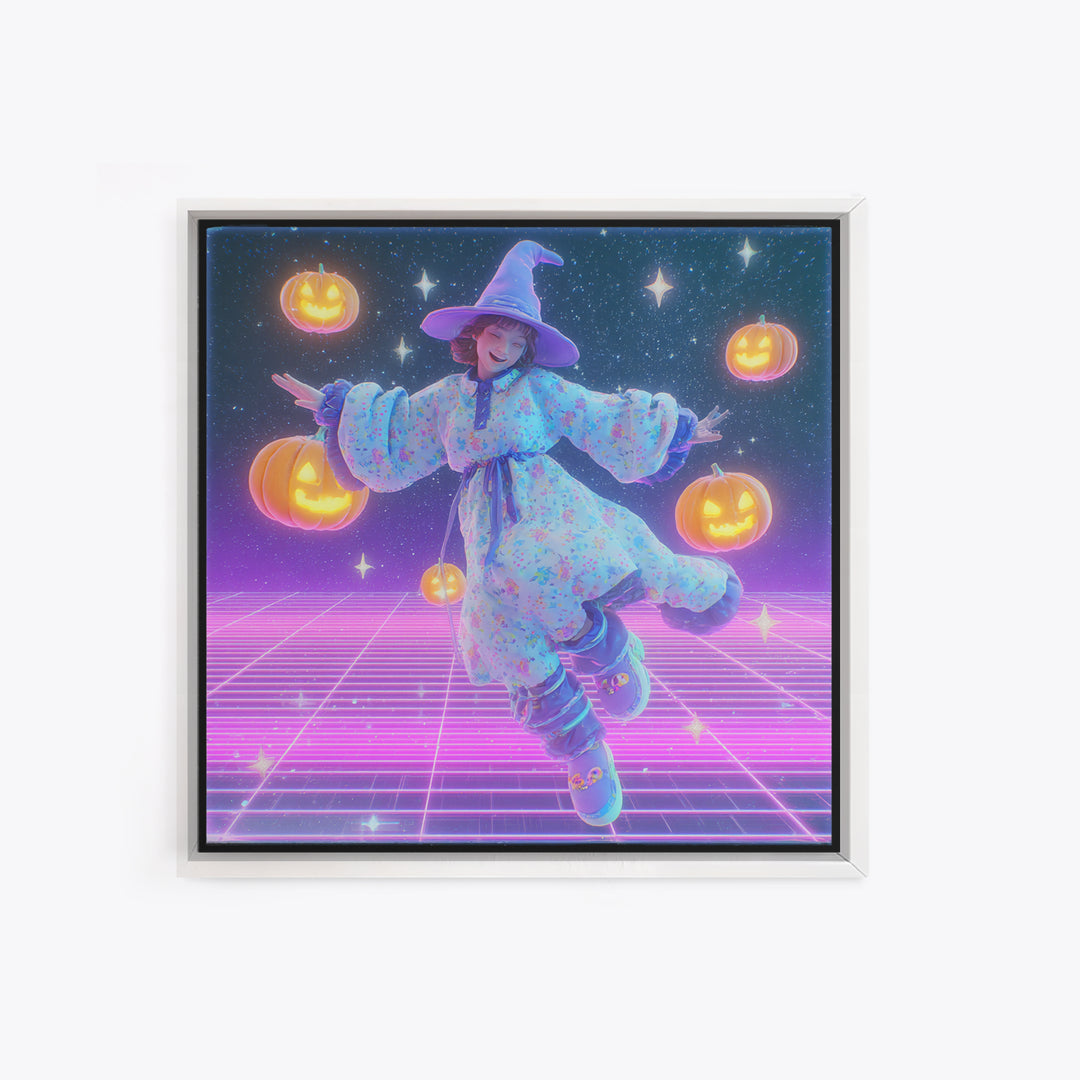 The Moonlight Pajama Witch, Synthwave Halloween Art, Square Wall Art, Canvas Print, Retro Halloween Decor, Neon Wall Art