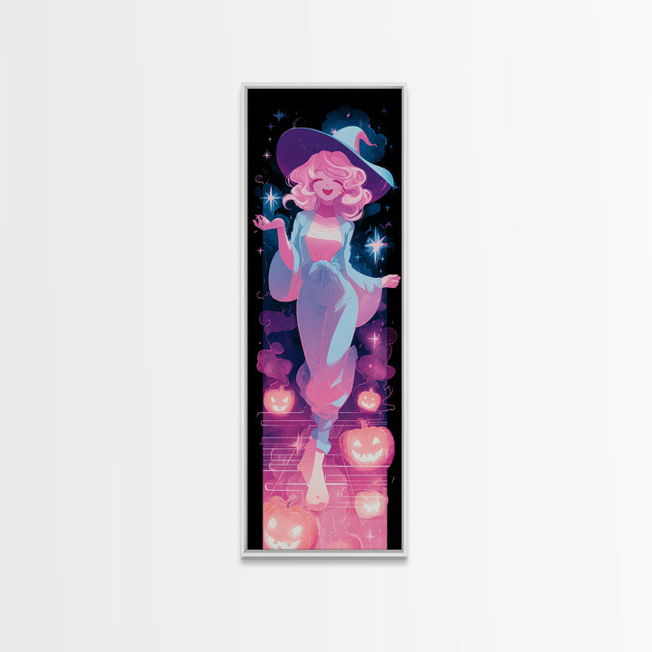 The Moonlight Pajama Witch, Cute Spooky Neon Art, Tall Narrow Wall Art, Framed Canvas Print, Retro Halloween Decor, Neon Wall Art