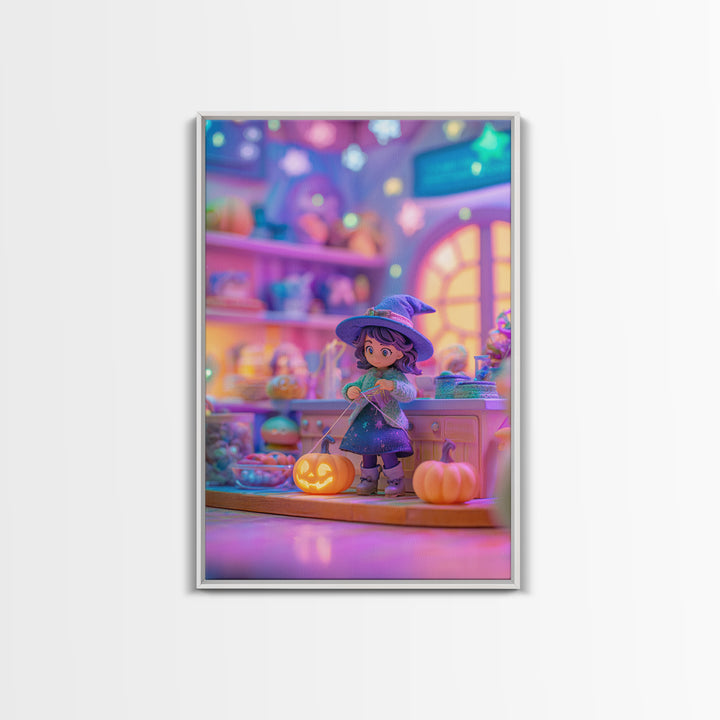The Tiny Hat Shop Witch, Synthwave Halloween Art, Vertical Wall Art, Framed Canvas Print, Retro Halloween Decor, Neon Wall Art