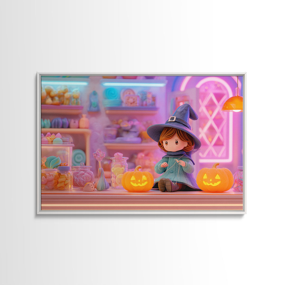 The Tiny Hat Shop Witch, Vaporwave Halloween Decor, Landscape Wall Art, Framed Canvas Print, Retro Halloween Decor, Neon Wall Art